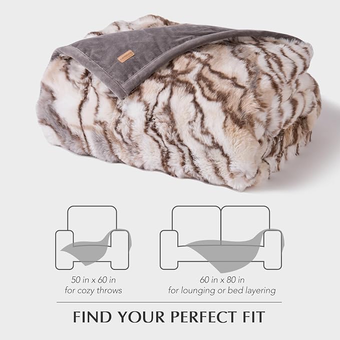 EverGrace Faux Rabbit Fur Bubble Throw Blanket, 50"x60", Beige & Gray | Ultra Soft, Luxury Faux Rabbit Fur Throw, Thick Warm Bubble Blanket, Cozy Fluffy Reversible, for Bed, Couch, Chair, Sofa