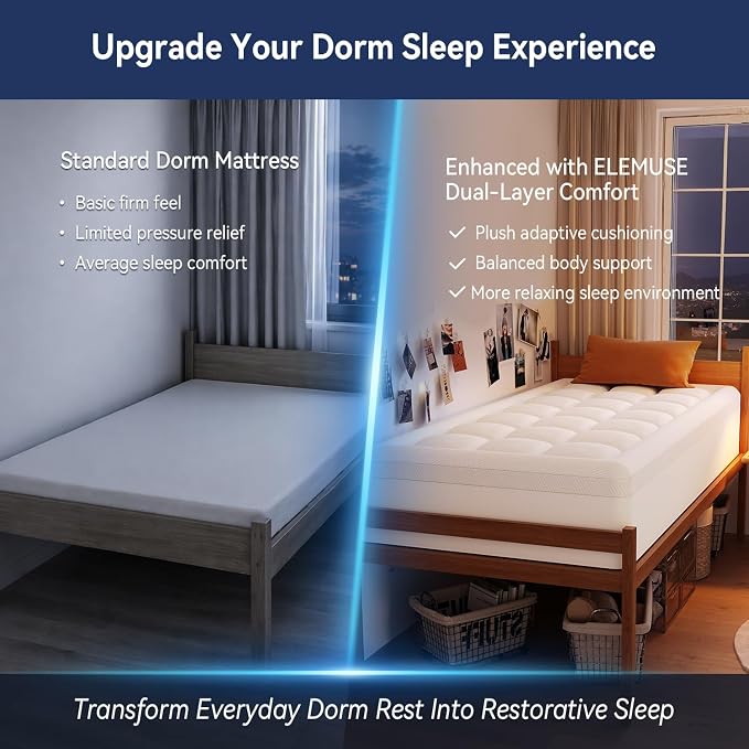 ELEMUSE Twin XL College Dorm Essentials 3 Inch Memory Foam Mattress Topper | Dual Layer Design, 2 Inch Cooling Gel Foam and 1 Inch Soft Pillow Top Bed Pad, Back to School, Comfortable Support
