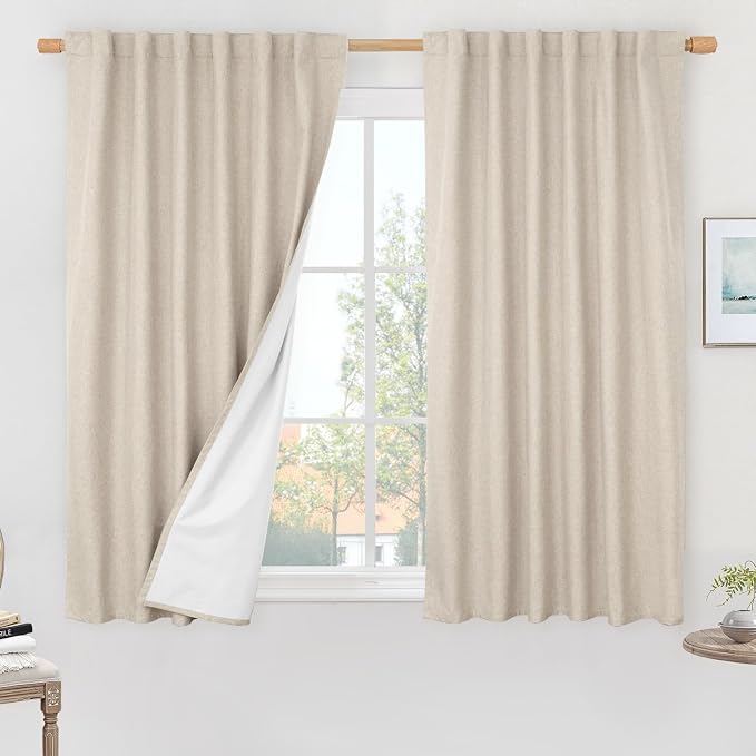 100% Blackout Linen Curtains for Small Window 40 Inches 2 Panels | Oatmeal, Linen Textured, Thermal Curtains for Bedroom, Kitchen, Rod Pocket Back Tab Panels, with White Liner, 52 x 40 Inch
