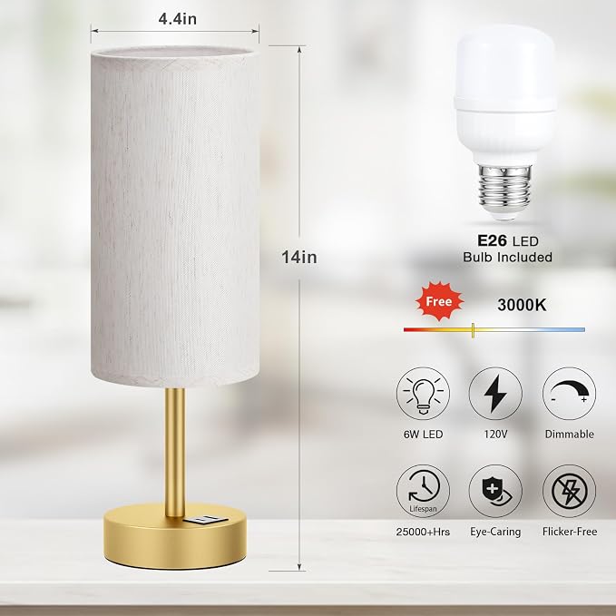 Dicoool Bedside Table Lamp for Bedroom - 3-Way Dimmable Touch Lamp, USB A+C | LED Bulb Included, 14" Small Nightstand Lamp for Desk, Living Room, Guest Room, Cream Fabric Lampshade, Gold Metal Base