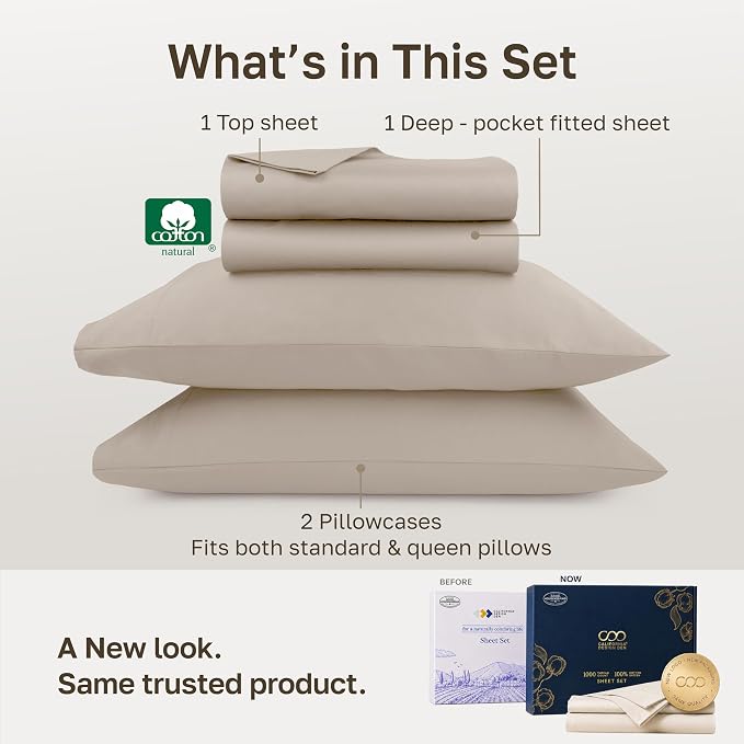 California Design Den 1000 Thread Count Deep Pocket Queen Sheets Set | Backed by Good Housekeeping Seal - 100% Cotton Sateen - Soft, Thick & Heavy, 16" Deep Pocket, Durable - Beige (Sand Tone)