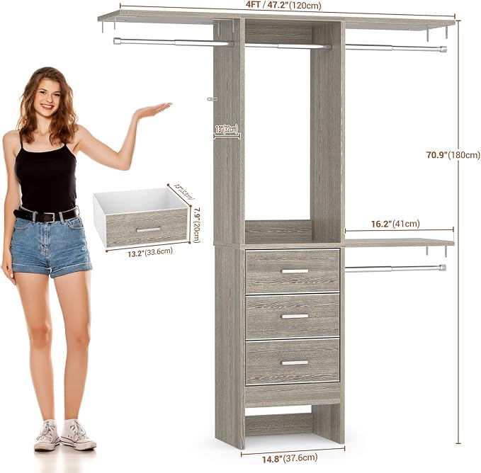 Besiost 4FT Small Closet System with 3 Fabric Drawers, 48'' Closet Organizer System With 3 Adjustable Shelves, Flexible Built-In Clothes Garment Rack for Small Space, 48"L x 13"W x 71"H, White Oak