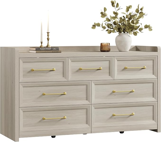 SICOTAS Dresser for Bedroom with 7 Drawers, 56.5" Wide Large Modern Dresser | Chest of Drawers for Living Room, Closet Clothes Storage Organizer Smooth Sliding Drawers, Grey White Oak