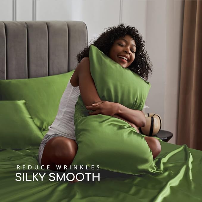 MR&HM Satin Sheets Twin XL Size with Elastic Corner Straps, Sage | Similar to Silk, 3-Piece Silky Soft Bed Sheet Set, Gentle on Skin and Hair, 15" Deep Pocket, Cooling & Breathable