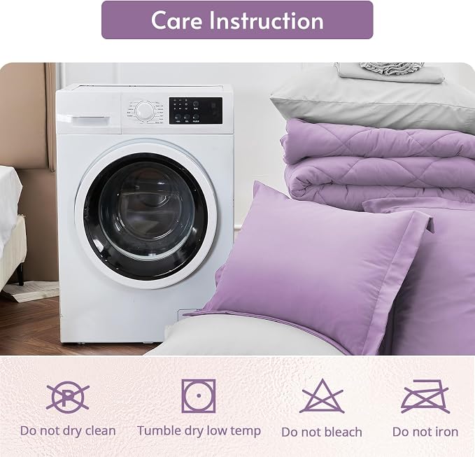 5 Pieces Twin Comforter Set, Reversible Bed in a Bag Twin Size, All Season Bedding Set with Comforter, Flat Sheet, Fitted Sheet, Pillowcases & Shams, Greyish Purple & Light Grey