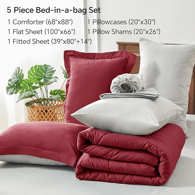 BEDELITE Twin XL Comforter Set 5 Pieces, Reversible Dark Red Bed in A Bag | Soft All Season Down-Alternative Comforter, Sheets, Pillowcases & Shams, OEKO-TEX Certified Bedding for Drom Room, College