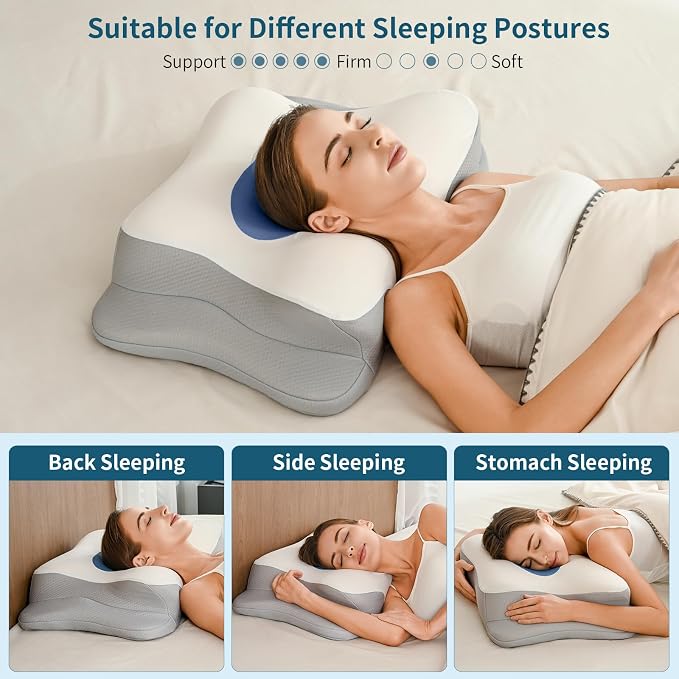 Cervical Neck Pillow for Pain Relief - Ergonomic Side Sleeper Pillow for Sleeping, Cooling Memory Foam Pillows for Neck Support, Orthopedic Pillow Contour Bed Pillow for Back Sleepers (Blue&White)