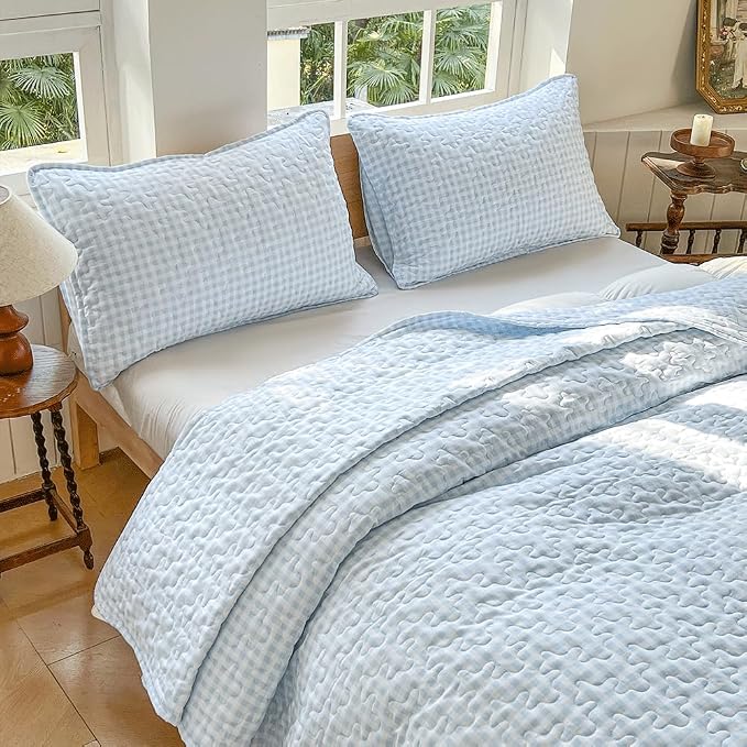 NSNLGSGC Light Blue Gingham King Summer Bedspread Quilt Set | Pre-washed Microfiber,Lightweight Checked Grid Bedding Coverlets for All Seasons