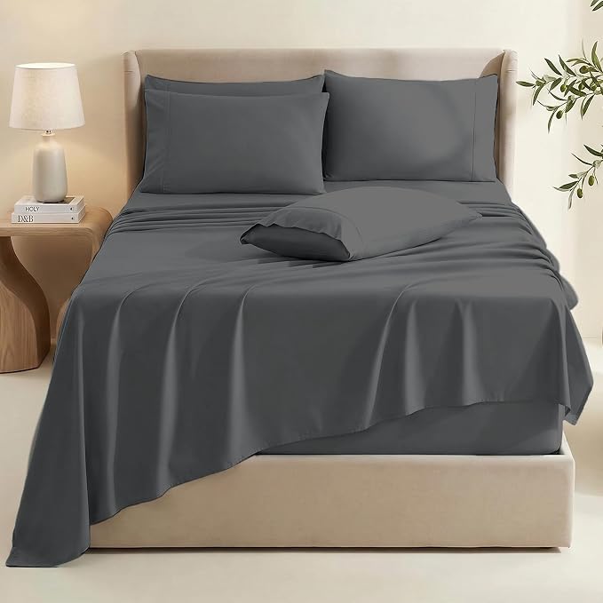Hearth & Harbor Extra Deep Pocket King Size Sets - Fits Mattress 18-24 Inches Deep - Extra Deep Pocket Sheets - 6 Piece King Size - Grey