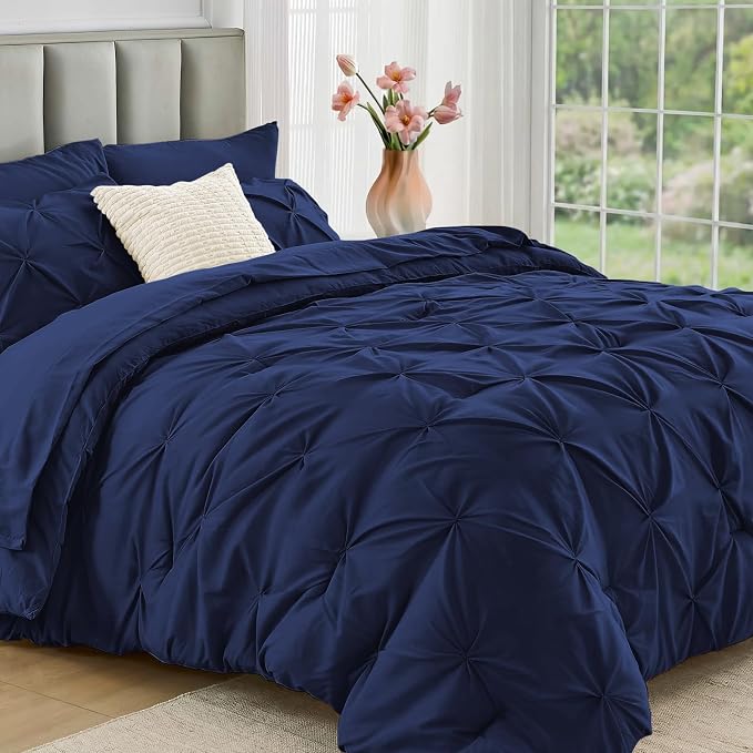 JOLLYVOGUE Full Size Comforter Sets 7 Pieces - Bed in a Bag Full for All Season, Pintuck Bedding Comforter Sets with Comforter, Flat Sheet, Fitted Sheet and Pillowcases & Shams, Navy