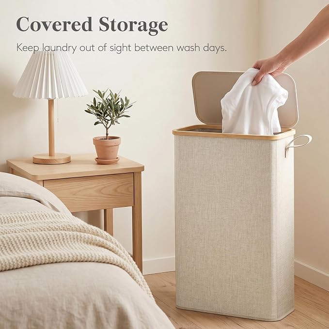 Lifewit 65L Slim Laundry Hamper with Lid, Narrow Laundry Basket with Removable Bag & Bamboo Handles, Fodable Thin Dirty Clothes Hamper for Laundry Collapsible Bin for Bathroom Bedroom Dorm, Beige