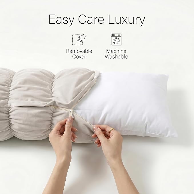 Pat. Pend. Segmented Body Pillow for Adults, 59 Inch, Misty White | Full body long bed pillow for side sleepers with a removable, washable soft velvet cover; designed for comfortable sleeping.