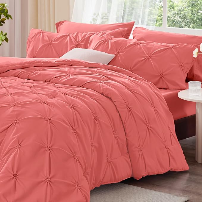 BEDELITE Queen Comforter Set Coral,Lightweight & Soft Comforter | Pintuck Boho Bedding, Warm & Cute Bed Set for All Season,With 2 Pillowcases