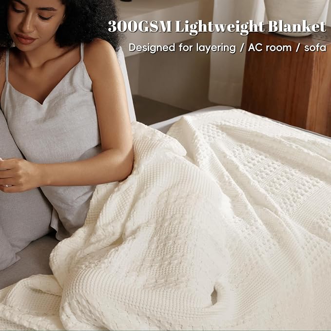 PHF Lightweight 100% Cotton Waffle Blanket for Bed, Queen, Ivory | Pre-Washed Soft Cotton Comfort, Breathable Layering Warmth for Fall & Winter, Bed, Sofa, Couch, Home Decor & Gifts