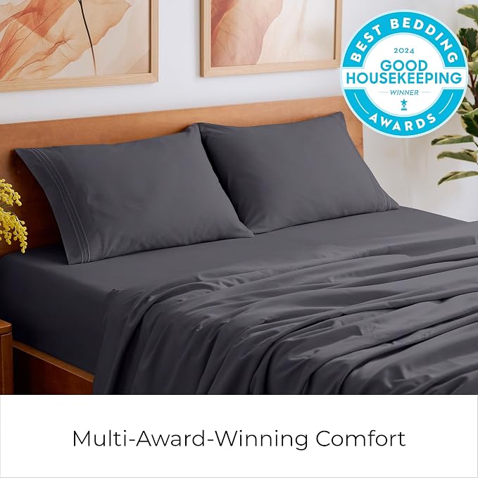 Mellanni Iconic 5-Piece, Ultra Soft Sheet Set (Split King, Charcoal) | 10M+ Sleepers. Lab-tested: Sleeps Cool, Stays Bright, Strong, Smooth. Good Housekeeping Best Bedding, 7 yrs running.