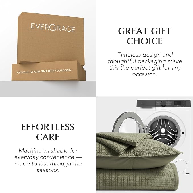 EverGrace 100% Cotton Modern Grid Stitch Quilt Set, King Size, Olive Green | Pre-Washed Cotton Coverlet Bedspread, Oversized Lightweight 3-Piece Bedding Set for All Season, with 2 Pillow Shams