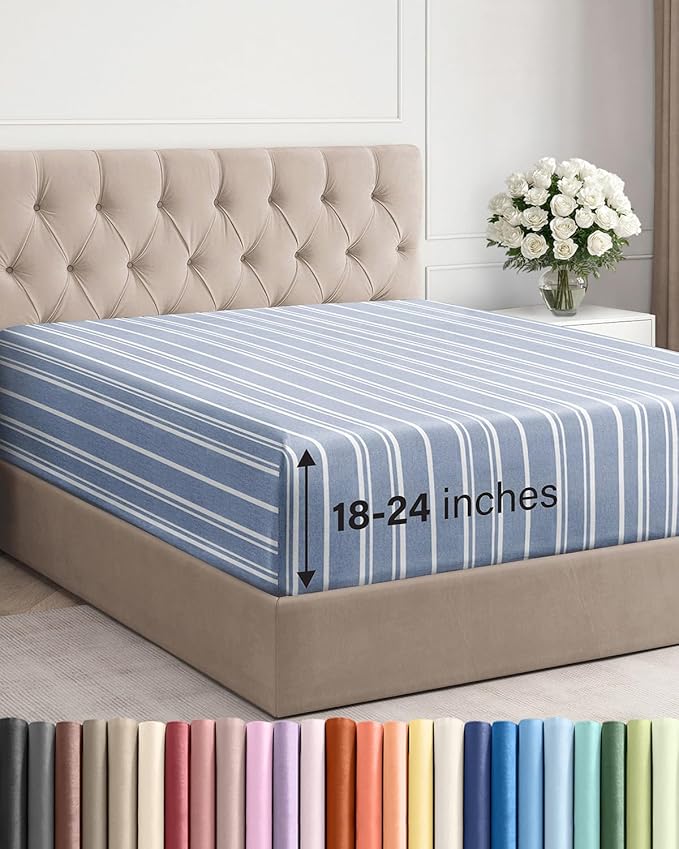 Extra Deep King Fitted Sheet - Single Fitted Sheet Only - Blue Stripes | Easily Fits 18 inch to 24 inch Mattress, Soft, Wrinkle Free, Breathable & Comfy, Extra Deep Pockets Hotel Luxury Fitted Sheet
