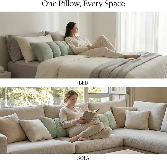 Pat. Pend. Segmented Long Bed Pillow, 47 Inch, Celadon Green | Body pillow for adults and side sleepers with a removable, washable soft velvet cover; segmented design for bed use.