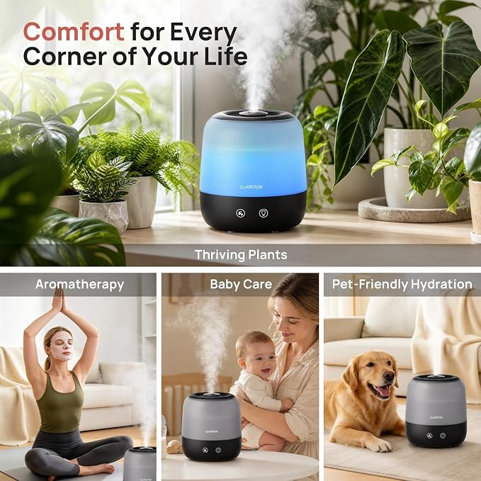 Clarston Humidifiers for Bedroom, 2L Cool Mist Humidifier, 24dB Quiet Sleep | 25H Runtime, Easy to Top Fill & Clean, Humidification for Baby Nursery & Plant, 360° Nozzle for Large Room, Nightlight,No BPA