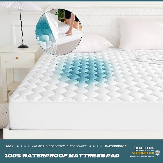 UNILIBRA Cal King Mattress Protector Waterproof, Deep Pocket Mattress Pad Cover Up to 18 Inches, Quilted Fitted Hollow Cotton Filling Breathable Mattress Topper