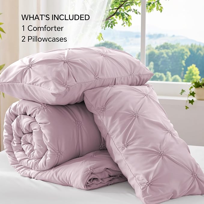 BEDELITE Queen Comforter Set Light Purple,Lightweight & Soft Comforter | Pintuck Boho Bedding, Warm & Cute Bed Set for All Season,With 2 Pillowcases
