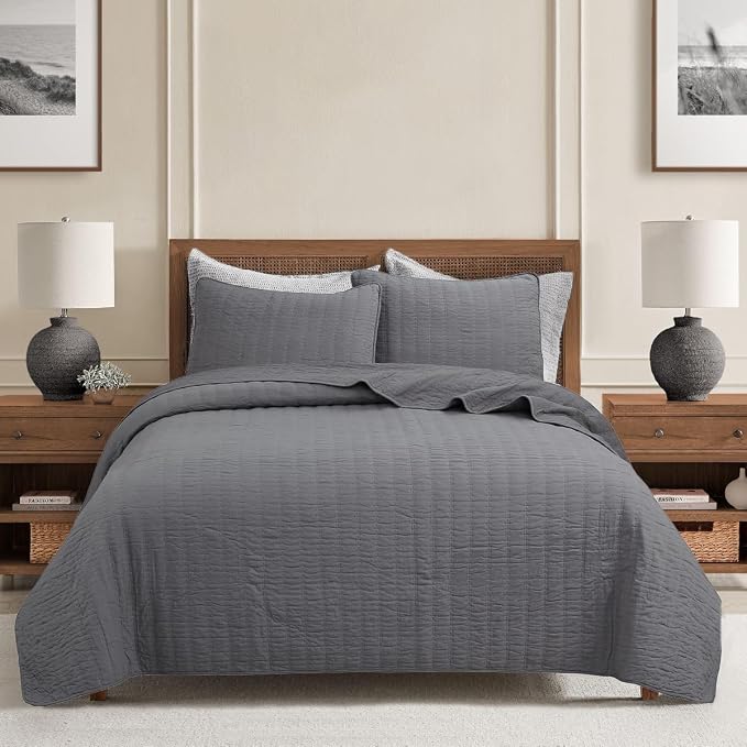 Cozy Line Home Fashions 100% Cotton 3-Piece Charcoal Gray Solid Classic Modern Quilted Bedspread with Shams, Lightweight All Season Modern Bedding (Channel Gray, Queen)