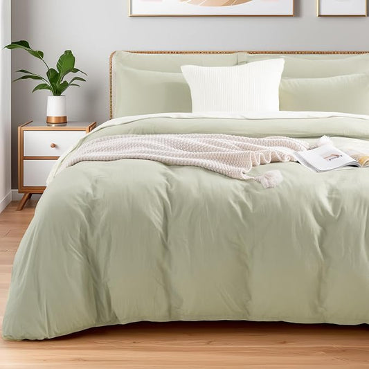 NEXHOME PRO Duvet Cover Set Super Queen 92"x98" Linen Feel Textured Organic Natural 100% Washed Cotton Duvet Cover 3 Pieces Bedding Set Zipper Closure, Breathable, Mint Green (No Comforter)