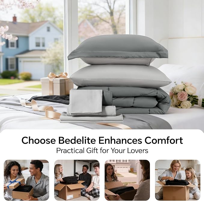 BEDELITE Twin Comforter Set 5 Pieces, Reversible Dark Grey Bed in A Bag | Soft All Season Down-Alternative Comforter, Sheets, Pillowcases & Shams, OEKO-TEX Certified Bedding for Bedrrom, Guest Room