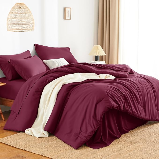 HIMEET Queen Comforter Set, 7-Piece Point-Quilted Bed in a Bag Burgundy | OEKO-TEX Certified, Lightweight 240 GSM Comforter, Flat Sheet, 14-Inch Deep-Pocket Fitted Sheet, Pillowcases & Shams