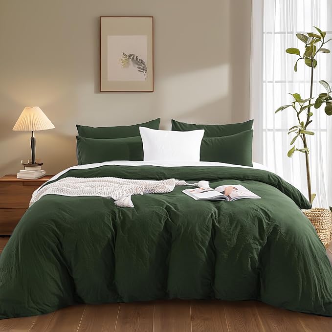 NEXHOME PRO Queen Duvet Cover Set – 100% Certified Organic Cotton with Washed Feel & Linen-Like Texture, Comfortable & Breathable, Home Bedding Set Olive Green (No Comforter)