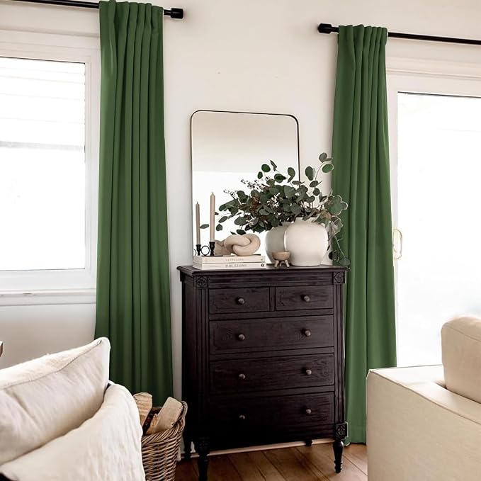 INOVADAY 100% Blackout Linen Curtains for Bedroom 50x90 Inches Moss Green | Linen Textured, Light Blocking, Room Darkening, Thermal Insulated, Back Tab Top, Window Curtains for Living Room, 2 Panels