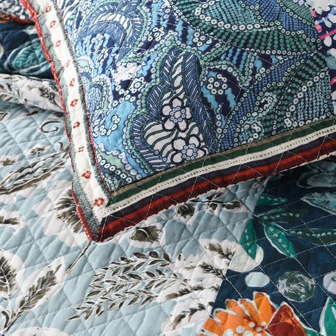 VISIMISI Cotton Bedspread Quilt Bedding Sets Reversible Coverlet Sets 3 Pieces Vintage Floral Blue Teal Patchwork Bedspread, Queen Size