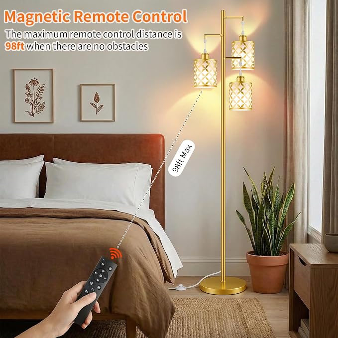 72" Dimmable Floor Lamp with Remote & Timer, Modern Light Luxury Standing Lamp for Living Room Bedroom, 3 Individually Controlled Heads, 2 Height Options, 3x 1100LM LED Bulbs Included -Gold