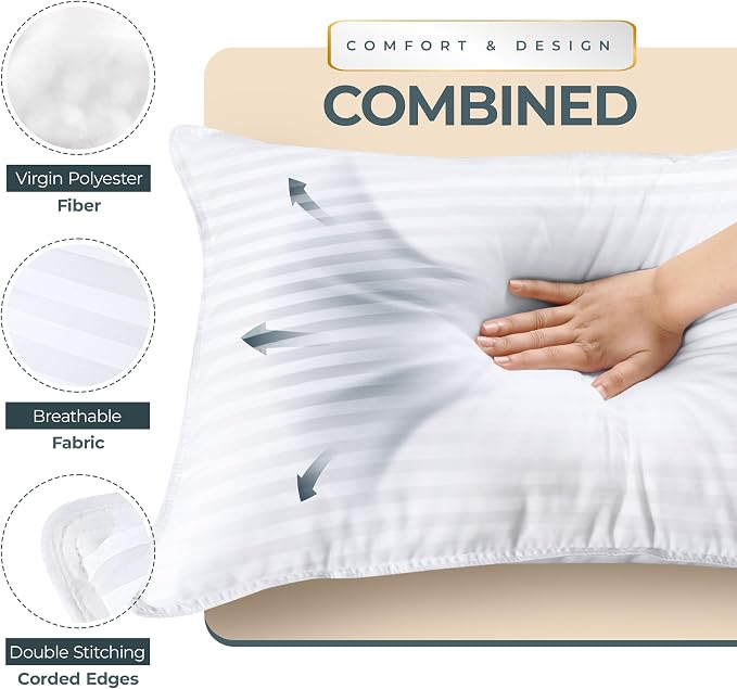 Utopia Bedding Bed Pillows for Sleeping, Pillows European Size Set of 2 | Down alternative pillows, cooling hotel quality, luxury comfort for back, side & stomach sleepers, Premium Stripes, White