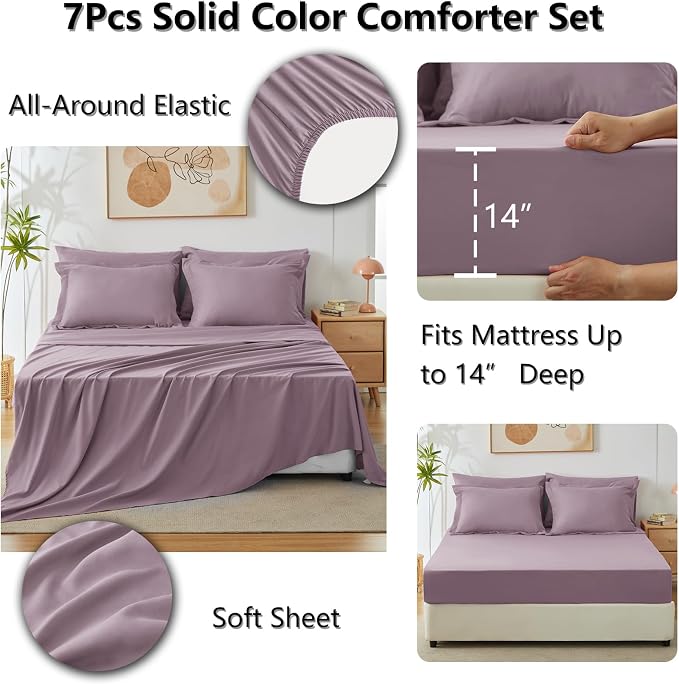 King Size Comforter Set Dusty Purple, 7 Pieces Bed in a Bag | OEKO-TEX Certified, All-Season, Bedroom, 240GSM Down Alternative Comforter, Flat & Fitted Sheets, 2 Pillowcases & 2 Shams