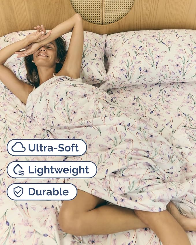 Split King 5 Piece Floral Sheet Set - Soft, Breathable & Cooling - Iris | 1 Flat, 2 Fitted & 2 Pillowcases w/ Deep Pockets, Boho Botanical Floral Bedding, Breathable & Cooling, Wrinkle & Fade Free