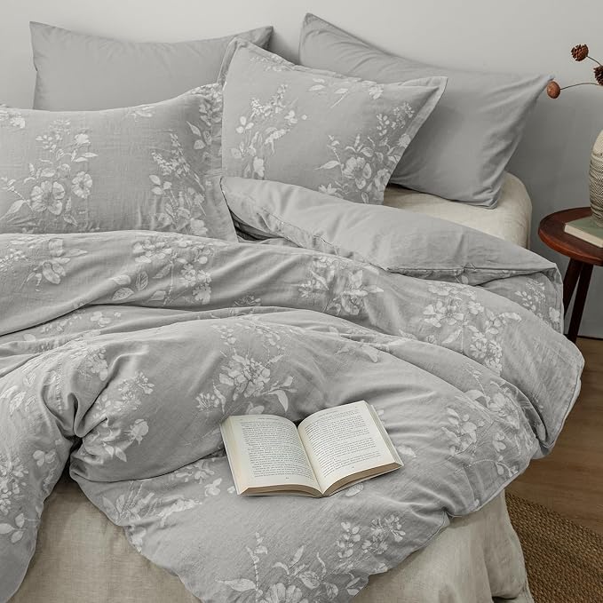 PHF Stone-Washed 100% Cotton Duvet Cover Set King Size, 104"x90", Oak | Elegant Floral Jacquard Woven, Ultra Soft Breathable All Season Bedding Set for Adults, 3pcs with 2 Pillow Shams, No Filling