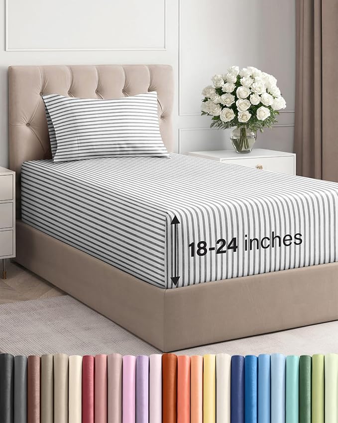 Extra Deep Twin Sheet Set - 3 Piece Breathable & Cooling - Grey Stripes | Easily Fits 18 to 24 inch Mattress - Ultra Soft, Wrinkle & Fade Free with Extra Deep Pockets - Comfy Hotel Luxury Bedding