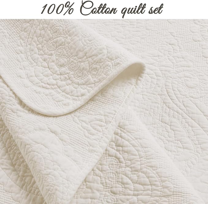 Cozy Line Home Fashions Ivory Cotton Quilt Set – 3-Piece Quilted Damask Medallion Bedspread with Shams, Textured All Season Elegant Bedding, Queen