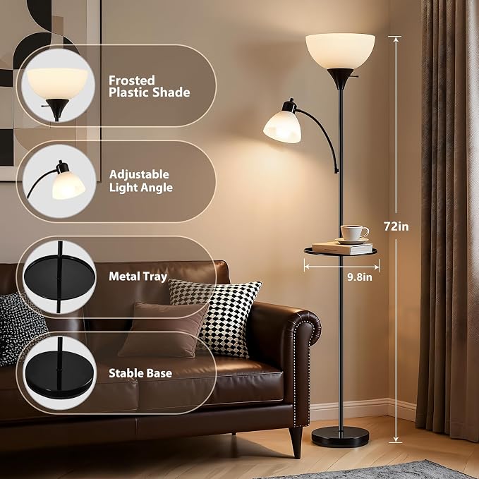 72" Floor Lamp with Table, Adjustable Reading Lights,Torchiere Floor Lamps | Modern for Living Room, Bedroom, Office,Black【Bulb not included】