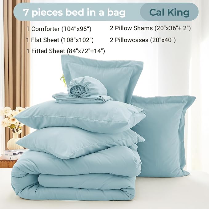 7 Pieces California King Comforter Set, Soft Bed in a Bag Cal King Size, All Season Bedding Set with Comforter, Flat Sheet, Fitted Sheet, Pillowcases & Shams, Lake Blue
