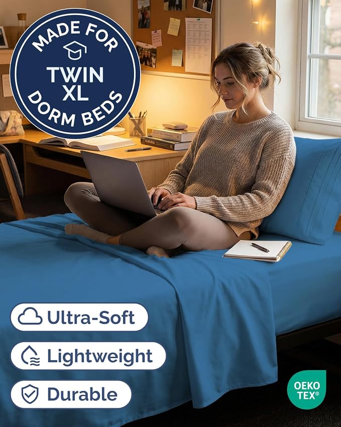 Twin XL 3 Piece Sheet Set - College Dorm Room Essentials - Denim Blue | Deep Pocket Bed Sheets for Women, Men, Teens & Students, Soft, Cooling, Breathable & Wrinkle Free, Oeko-Tex Bed Sheet Set