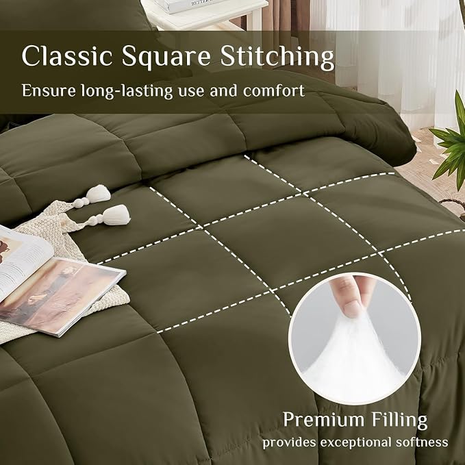 JOLLYVOGUE Queen Comforter Set, Ultra-Soft Bed in a Bag Queen Size 7 Pieces, Oeko-TEX Certified Bedding Set with Down Alternative Comforter, Sheets, Pillowcases & Shams, Olive Green