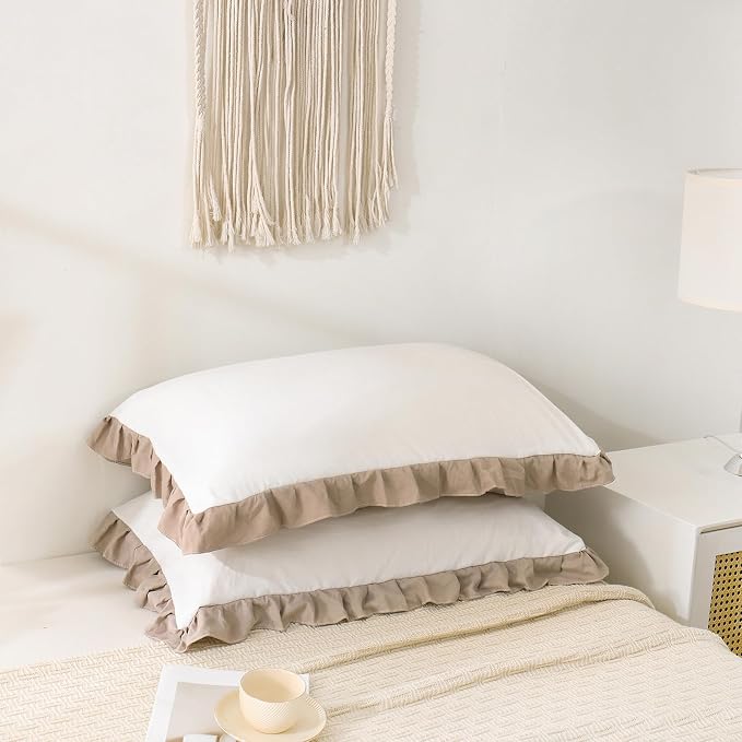 Merryword Taupe Pillow Shams White and Taupe Reversible King Pillowcases Cute Pillow Cover Set of 2 Soft Shabby Chic Ruffled Pillowcases 2 Pack (King (20''x36''), White Taupe)