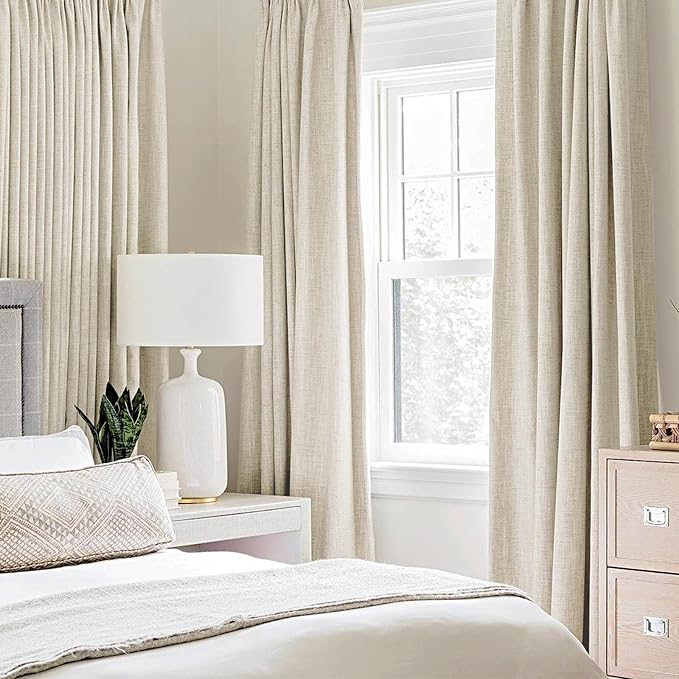 MIULEE 100% Blackout Linen Curtains for Bedroom 52x90 Inches Cream | Room Darkening, Light Blocking, Thermal Insulated, Grommet Top, Linen Textured, Window Curtains for Living Room, 2 Panels