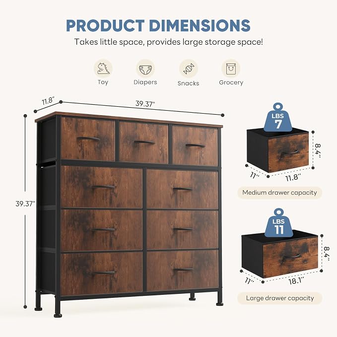 DUMOS Dresser for Bedroom, Storage Organizer with 9 Drawers | Chest of Drawers with Fabric Bins, Sturdy Metal Frame, Wood Tabletop for Guest Room, Closet, Entryway, Rustic Brown