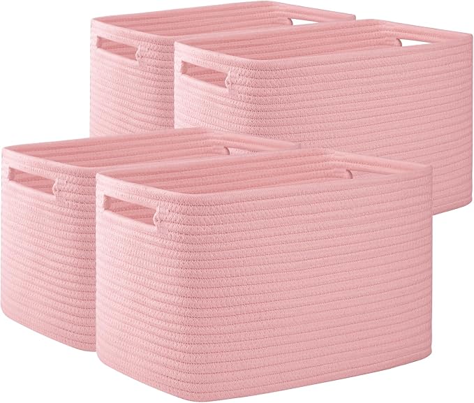 OIAHOMY 4 Pack Storage Baskets for Organizing 15L Cube Storage Bins Pink | Woven Baskets for Storage Rectangle Small Baskets With Handles Baskets for Shelves Wicker Baskets for Shelves 12.7x9x7.8inch