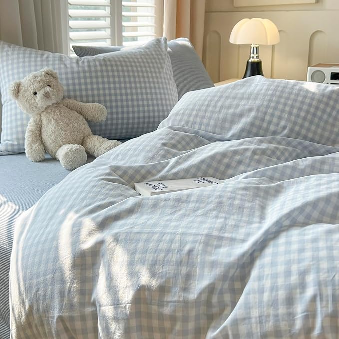 mixinni Light Blue Gingham Duvet Cover Set King Size - 100% Washed Cotton 3 Piece Plaid Checkered Bedding Set, Soft Comfy Grid Farmhouse Comforter Cover with Zipper Closure & Corner Ties