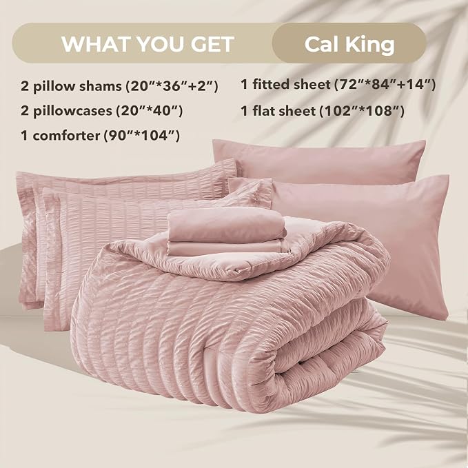 HYMOKEGE Rose Gold California King Comforter Set Seersucker 7 Pieces, All Season Luxury Bed in a Bag Queen for Bedroom, Bedding Set with Comforter, Sheets, Pillowcases & Shams