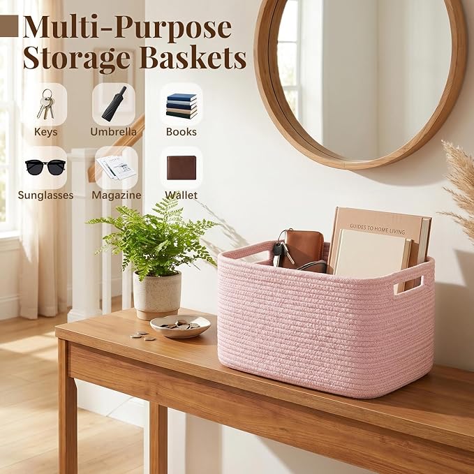 OIASKET 4Packs Natural Cotton Rope Storage Baskets for Organizing Toys, Clothes, Towels & Books, Soft Versatile Organizers for Shelves, Home Decorative Bins, 13''Lx9''Wx7.8''H, Pink